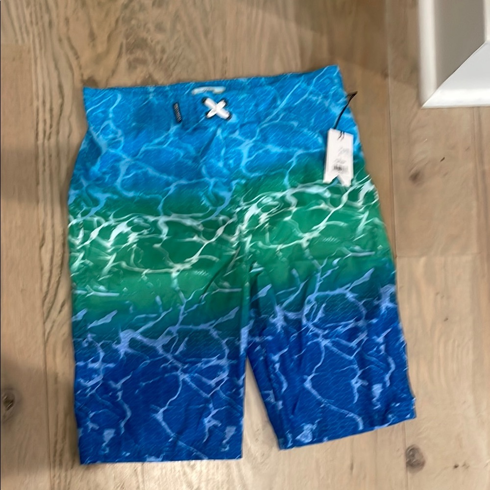 Blue and Green Swim Trunks with Water Ripple Effect